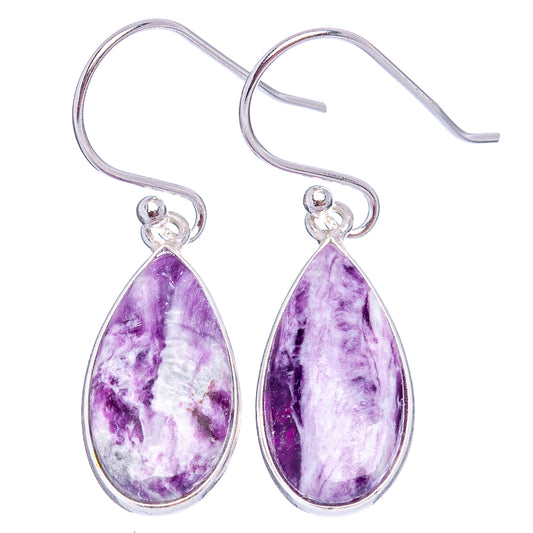 Sterling silver Kammererite drop earrings, purple teardrop stones in fishhook settings.