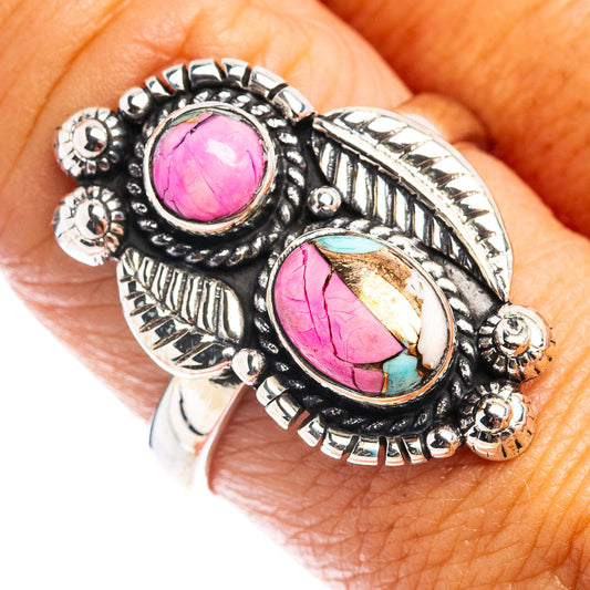 Silver-tone ring with owl design, pink cabochon and turquoise accent, antique cutouts