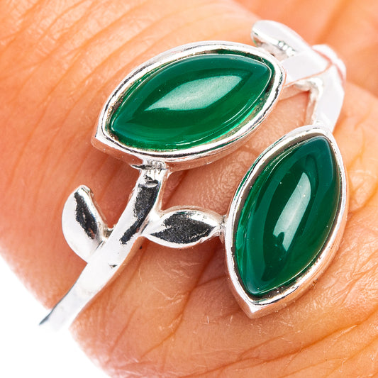 Dainty .925 sterling silver ring with two green onyx oval leaf settings