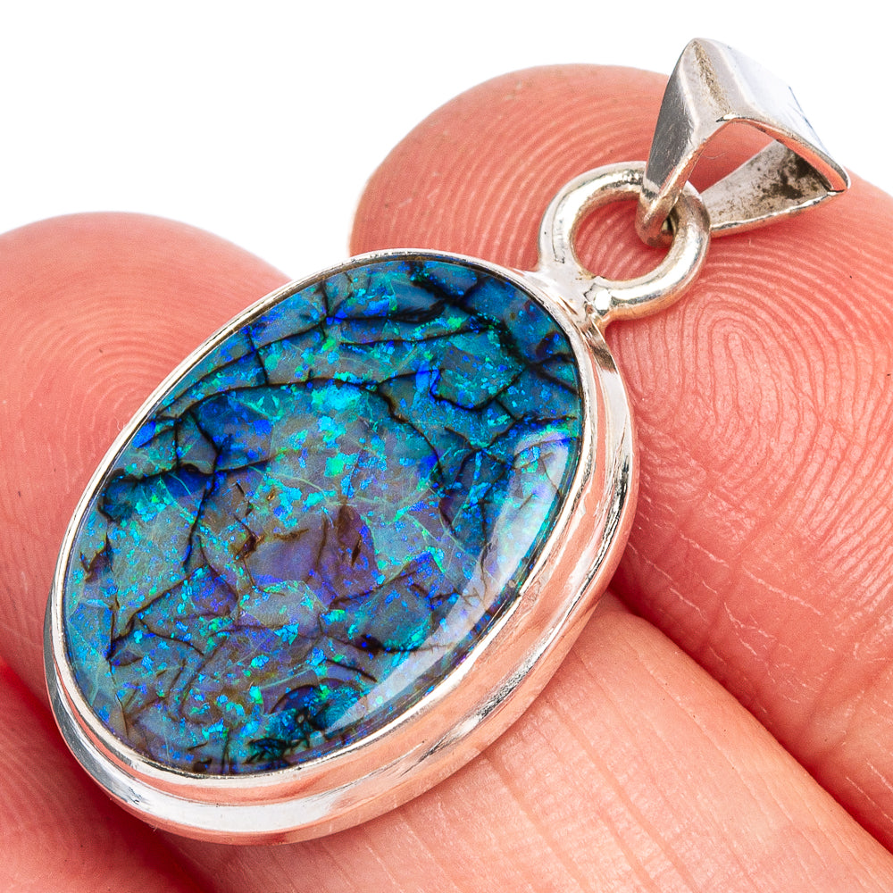 Oval blue-green opal pendant in 925 sterling silver bezel with top bail loop