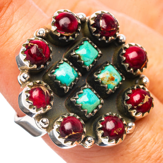 Sterling silver ring with red round gemstones and turquoise square inlays, adjustable