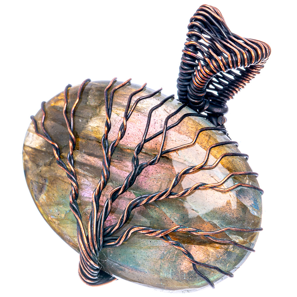 Tree of life pendant featuring labradorite oval stone with oxidized copper coiled bail