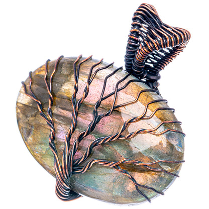 Tree of life pendant featuring labradorite oval stone with oxidized copper coiled bail