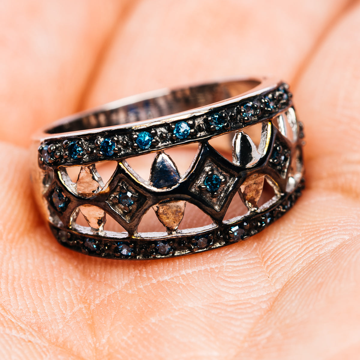 Blue Diamond Ring Size 6.5 (.925 Sterling Silver)