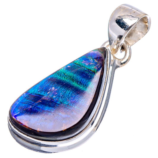 Sterling silver ammolite pendant, iridescent oval teardrop stone with blue-green bands