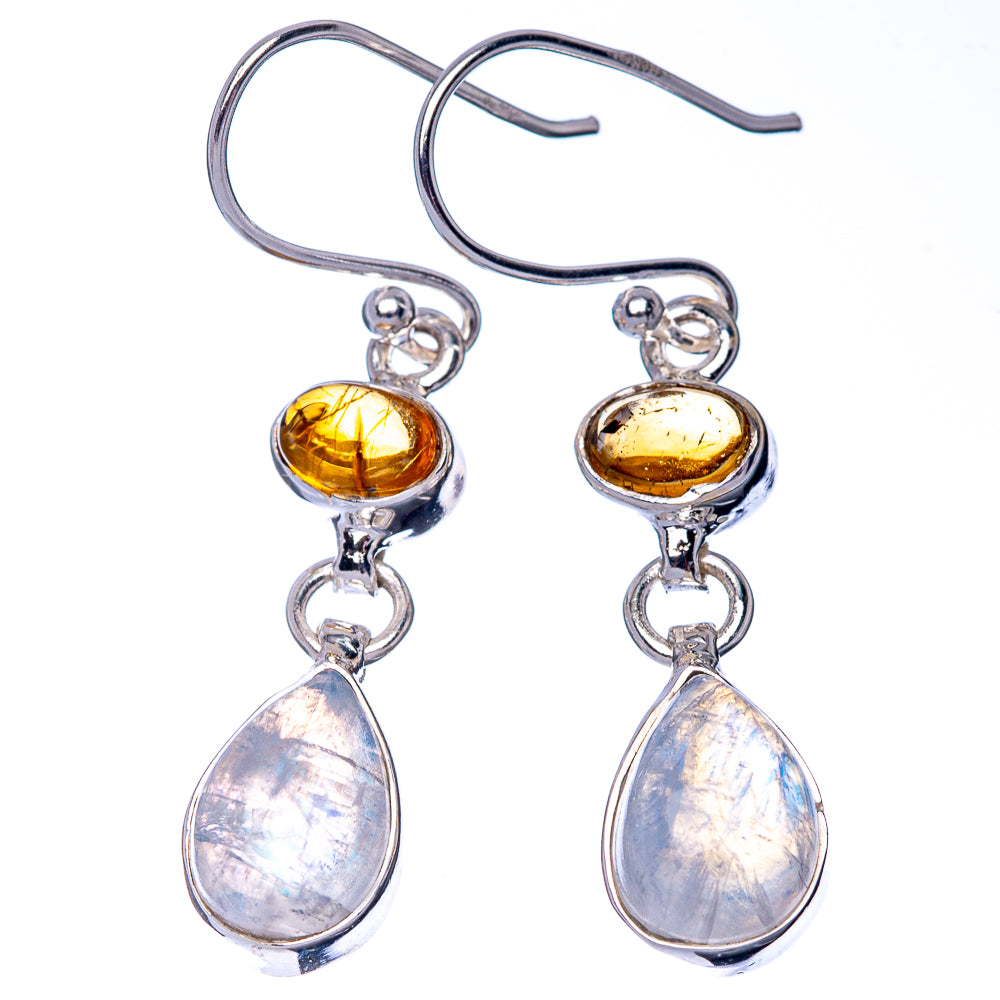 Pair of sterling silver hook earrings with amber spheres and translucent pear drop stones