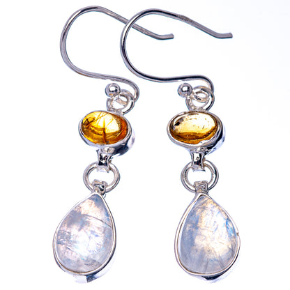 Pair of sterling silver hook earrings with amber spheres and translucent pear drop stones