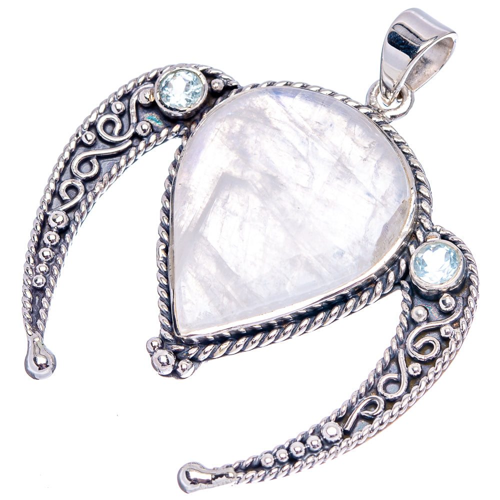 Signature Rainbow Moonstone, Aquamrine Pendant 1 7/8" (.925 Sterling Silver)