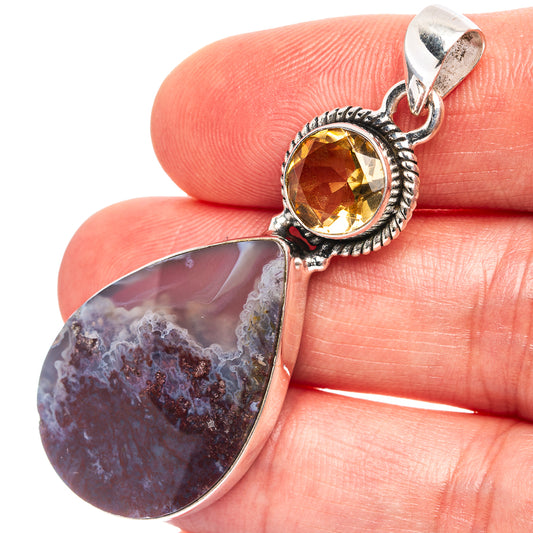 Sterling silver pendant with round citrine gemstone and teardrop plume agate cabochon