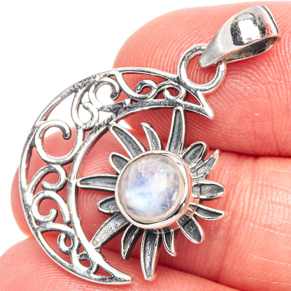 Silver moon and star pendant with round rainbow moonstone center and filigree details
