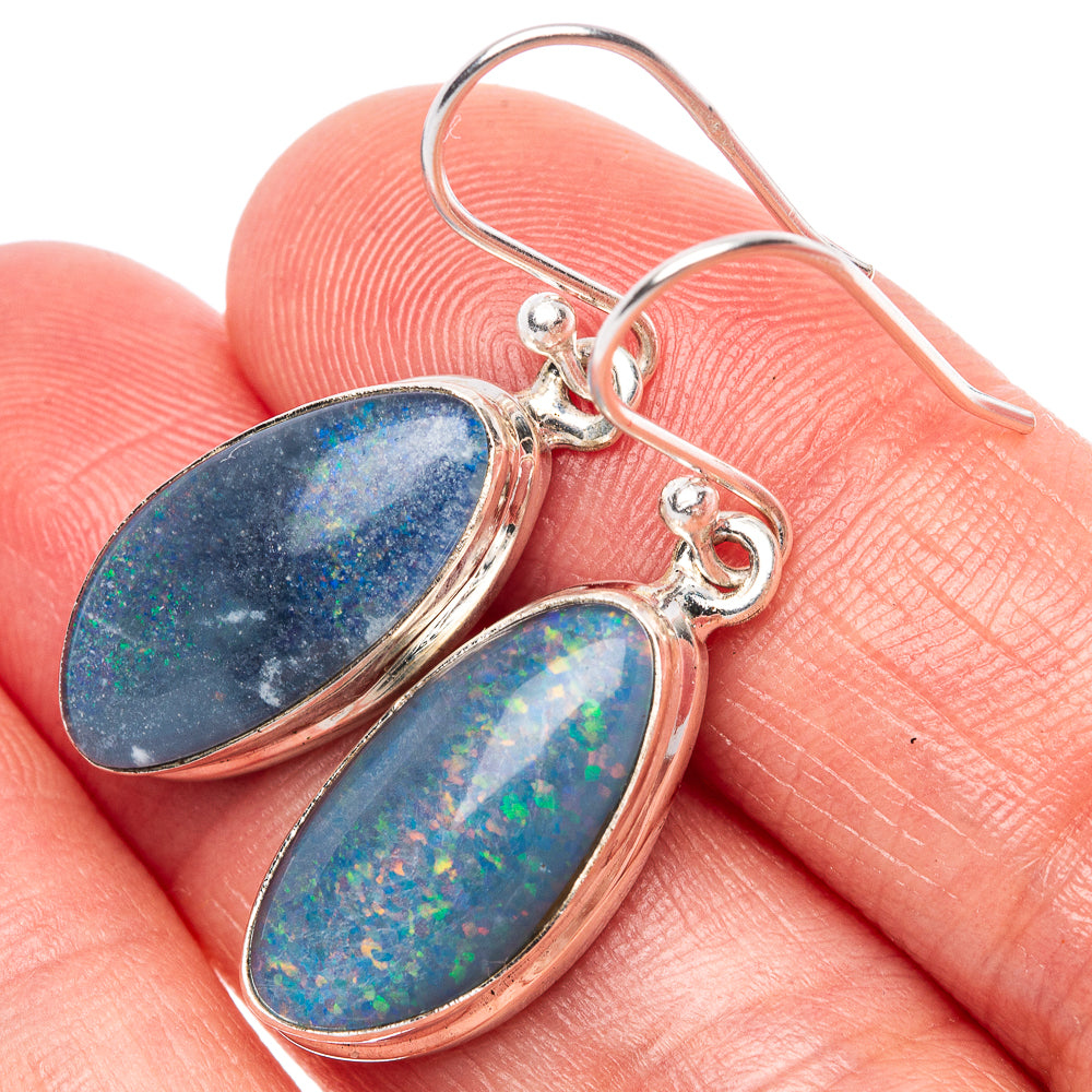 Oval opal triplet drop earrings, sterling silver, blue-green iridescent stone settings.