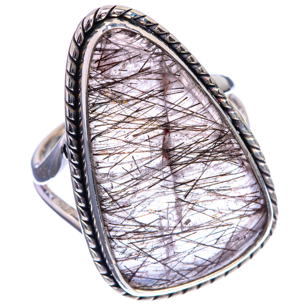 Sterling silver tourmalinated quartz ring, oval stone with rope bezel and detailed band