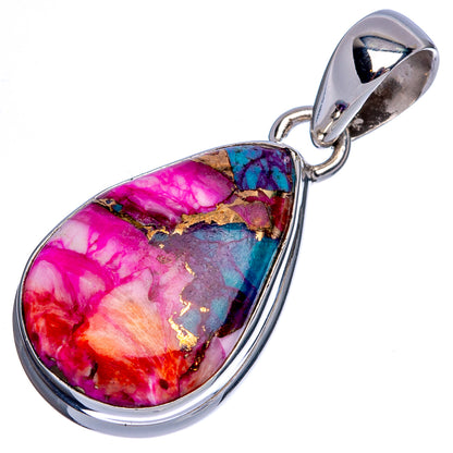 Sterling silver teardrop pendant with pink, purple, turquoise, and gold flecks stone inlay