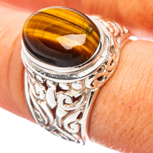 Tiger's eye sterling silver ring, oval amber cabochon with ornate filigree, size 8.25