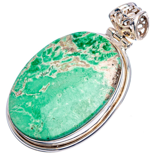 Green variscite oval cabochon sterling silver pendant, double bezel and filigree bail