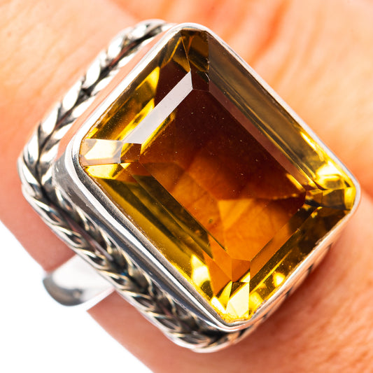 Amber quartz gemstone ring in .925 sterling silver with twisted rope band, bezel-set square