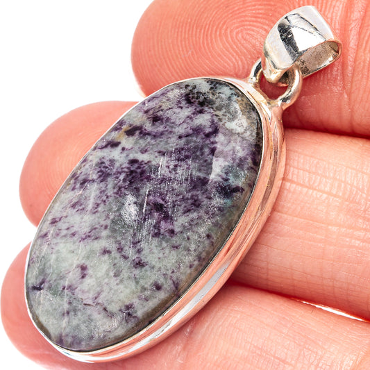 Oval purple-and-white speckled gemstone pendant with hinged bail, .925 sterling silver