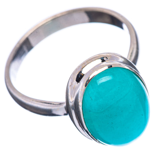Sterling silver amazonite ring with round bezel turquoise cabochon, angled view