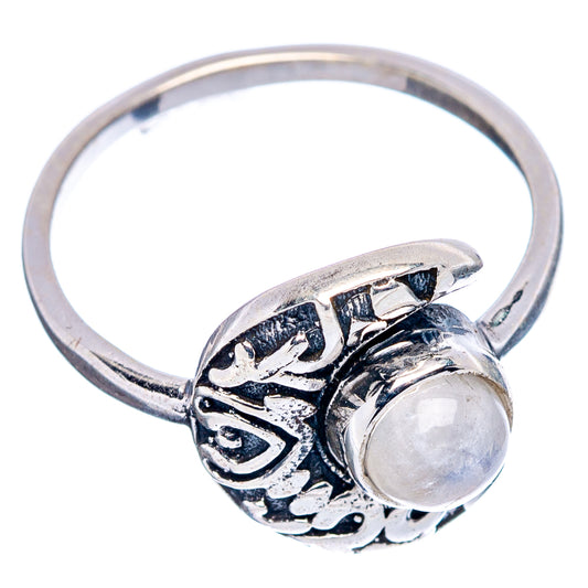 Sterling silver dainty moonstone ring with round cabochon and carved crescent band
