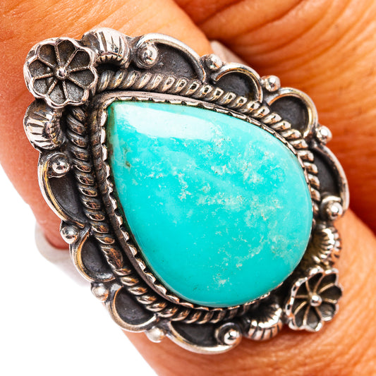Turquoise teardrop sterling silver ring, scalloped floral frame and bead accents