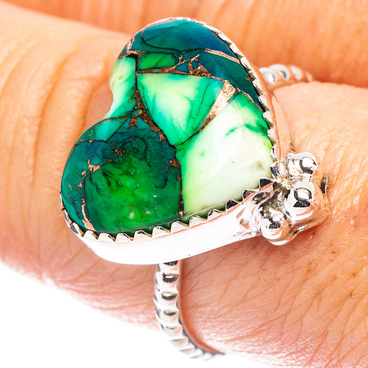 Heart-shaped turquoise inlay ring, .925 sterling silver band, size 8