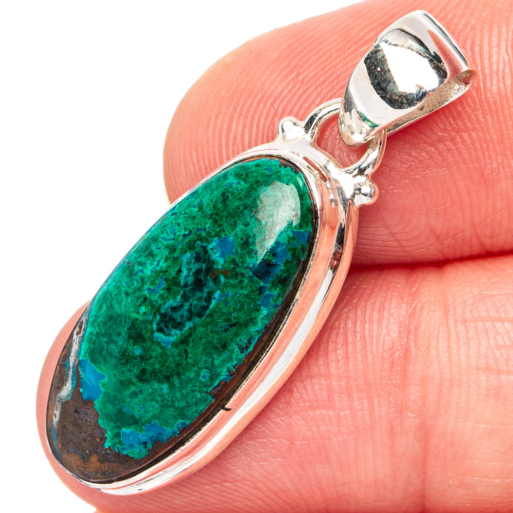 Oval green-blue chrysocolla pendant in polished .925 sterling silver setting