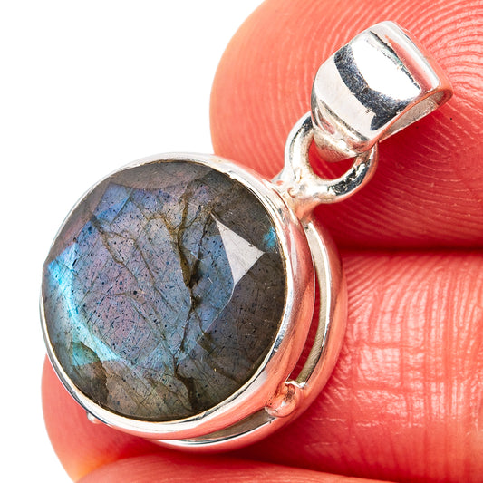 Sterling silver labradorite pendant, round bezel with blue flash gemstone