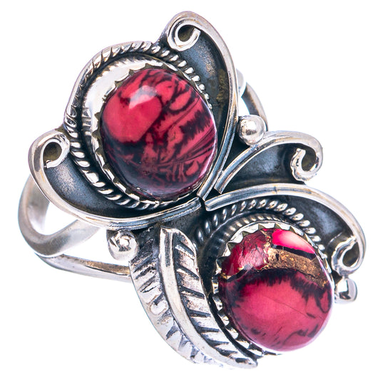 Sterling silver ring, size 7, two oval red stones with leaf-like engraving details