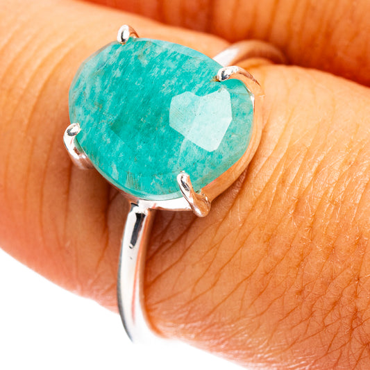 Sterling silver ring with large faceted teal amazonite oval stone, prong set