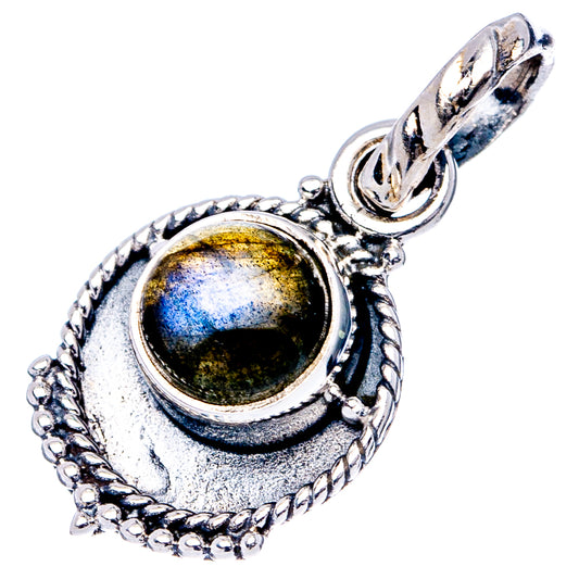 Sterling silver labradorite pendant, round faceted blue stone with decorative border and bail