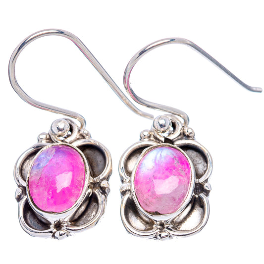 Pink cabochon moonstone earrings, .925 sterling silver scalloped floral setting