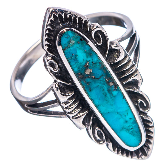 Turquoise oval sterling silver ring with detailed side bands and openwork shank, size 7.75
