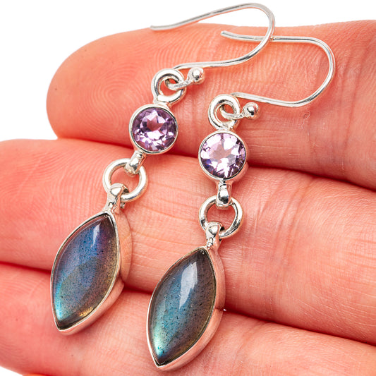 925 sterling silver labradorite drop earrings, oval blue-sheen stones with purple round centers