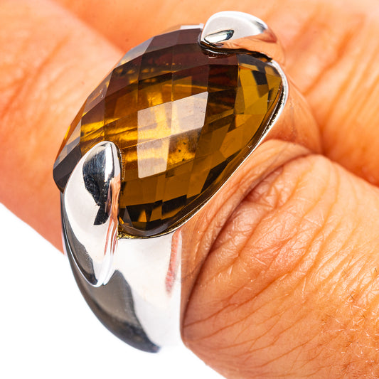 Sterling silver ring with large faceted beer quartz, oval gemstone in bezel setting