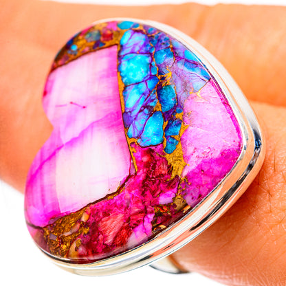 Heart-shaped 925 sterling silver ring with magenta, blue-turquoise & gold resin, size 7.75