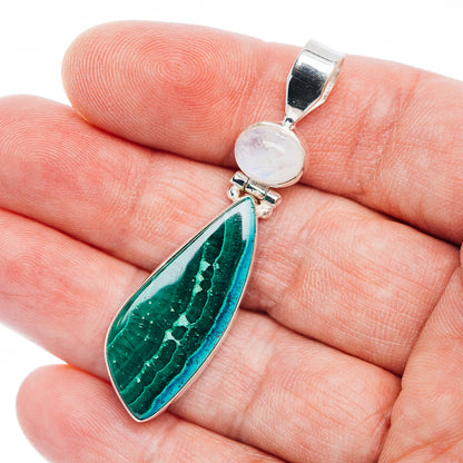 Premium Malachite In Chrysocolla, Rainbow Moonstone Pendant 2 1/8" (.925 Sterling Silver)