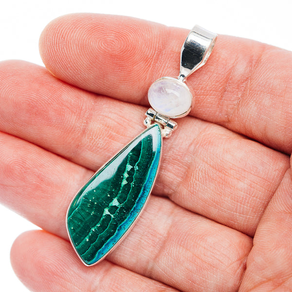 Premium Malachite In Chrysocolla, Rainbow Moonstone Pendant 2 1/8" (.925 Sterling Silver)