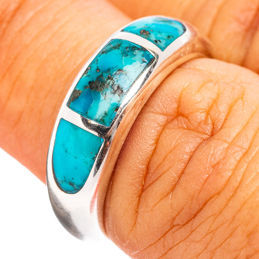 Turquoise inlay sterling silver ring with rectangular bezel, open side detail