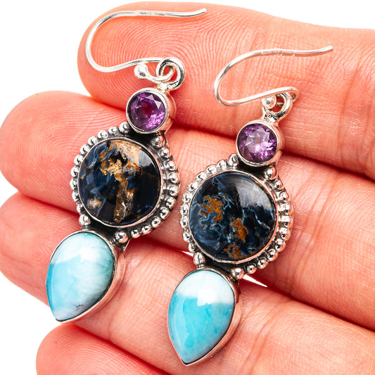 Sterling silver drop earrings with purple amethyst, dark blue stone and larimar teardrops