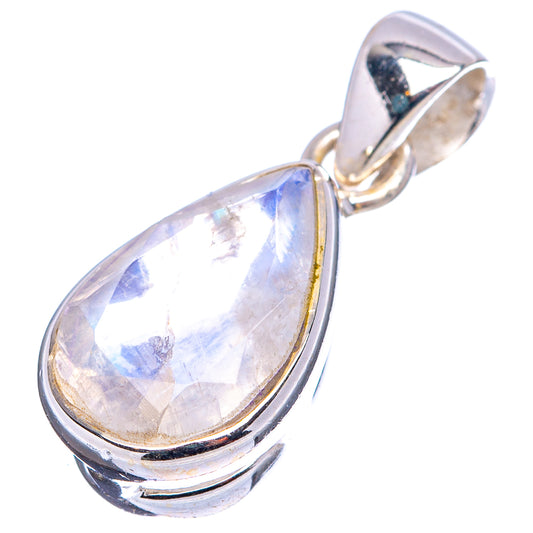 Sterling silver moonstone pendant with pear-shaped bezel and iridescent rainbow highlights