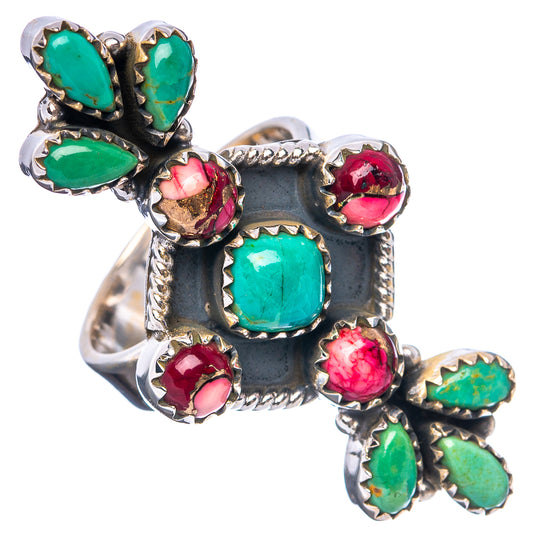 Adjustable sterling silver ring with green turquoise center and pink-red stones