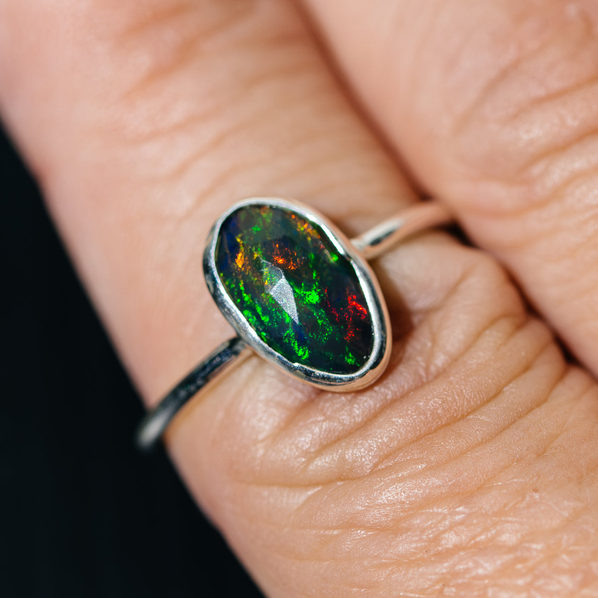 Black Ethiopian Opal Dainty Ring Size 8 (.925 Sterling Silver)