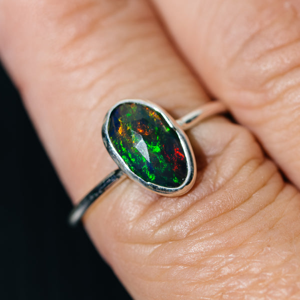 Black Ethiopian Opal Dainty Ring Size 8 (.925 Sterling Silver)