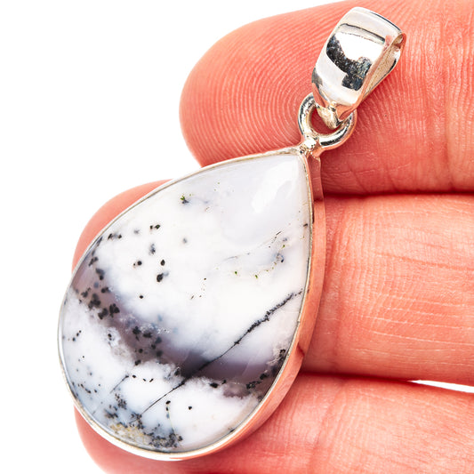 Teardrop dendritic agate pendant in polished .925 sterling silver bezel and loop