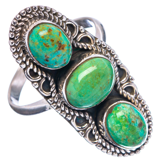Three-stone turquoise oval cabochon ring in .925 sterling silver, size 8, ornate border