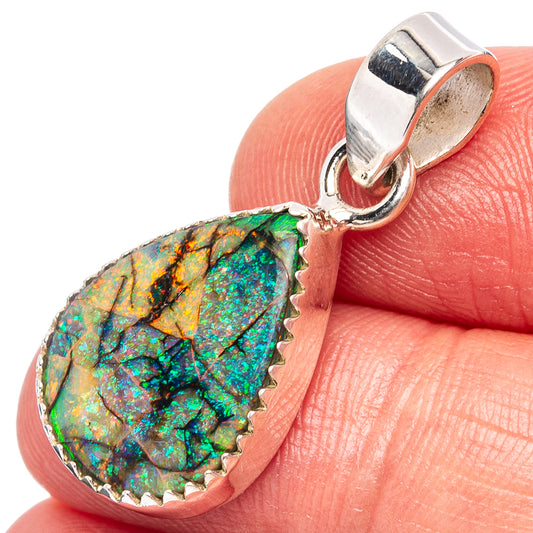 Sterling silver opal pendant with teardrop druzy stone in green-blue iridescence