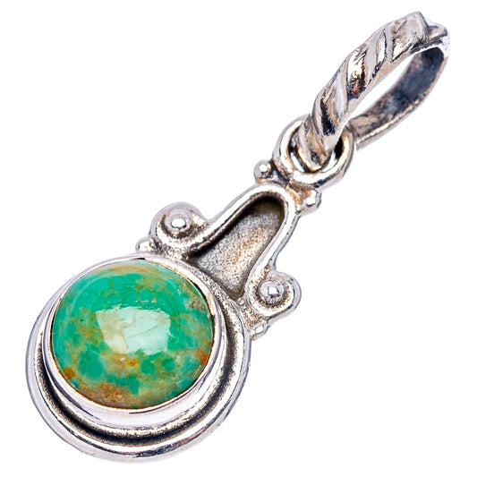 Round turquoise pendant .925 sterling silver with ornate frame and green cabochon side view