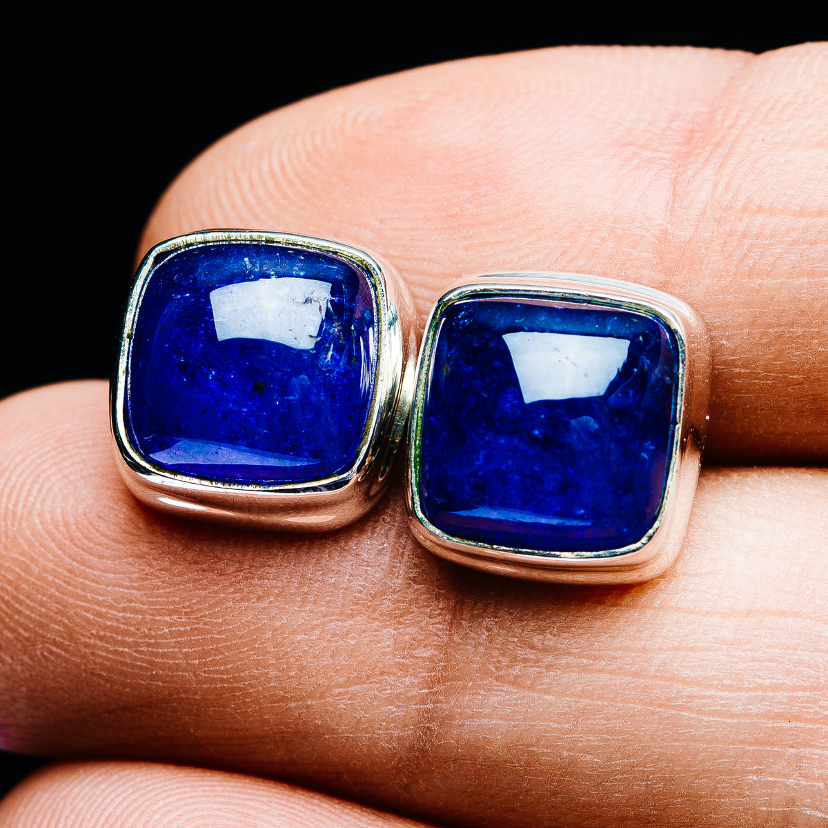 Square blue tanzanite stud earrings in .925 sterling silver bezel setting