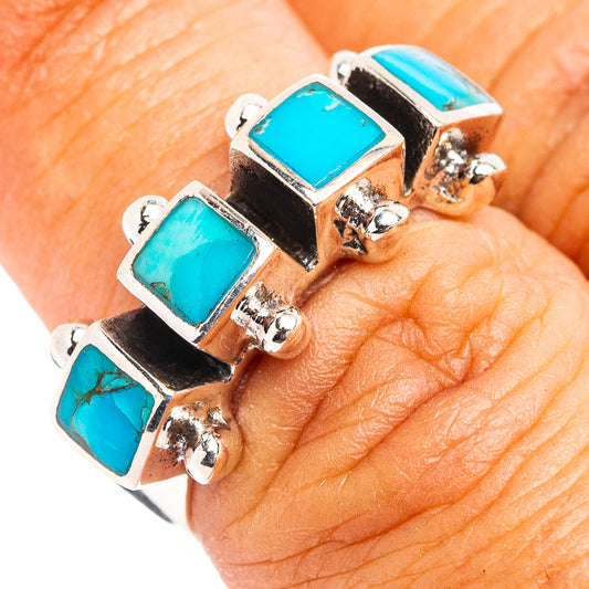 Turquoise inlay square-stone sterling silver band ring, three stone design