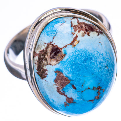 Oval turquoise cabochon ring in 925 sterling silver, blue with brown veining, size 9